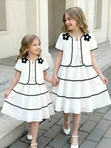 SHEIN Bộ váy hai dây màu trắng kem kiểu Pháp cổ điển dành cho bé gái, gồm váy và áo khoác cardigan tay ngắn. Váy được làm từ vải kẻ sọc dọc mềm mại, có phần gấu váy xếp tầng với viền lượn sóng màu đen. Áo khoác cardigan có cổ tròn được trang trí bằng họa tiết hoa 3D màu đen và viền lượn sóng đen. Thiết kế tổng thể tươi mới, tinh nghịch với chút ngọt ngào cổ điển. Váy nhẹ và áo khoác cardigan mỏng phù hợp cho những buổi đi chơi thường ngày, dạo chơi công viên hoặc những buổi họp mặt gia đình vào mùa hè. - trắng - Xem 8