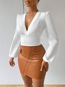 SHEIN PETITE Women's V-Neck Ruffle Long Puff Sleeve Fitted Blouse, Commuter Style, Spring/Summer - White - View 5