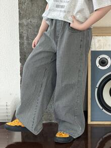 DAZY 青少年男童条纹口袋休闲百搭日常阔腿牛仔裤 - 藍色 - 查看 6