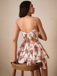 Poéselle 女士碎花系带露背吊带连体衣 - 紅色 - 查看 4