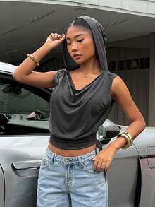 Muchica 深灰色针织女式休闲连帽抽绳背心 - 灰色 - 查看 6