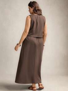 Comfylo Plus Size 2 Pieces Set: Sleeveless Top And Midi Skirt, Versatile For Commuting And Outings Brown Top Valentine's Day Birthday Elegant - Brown - View 8