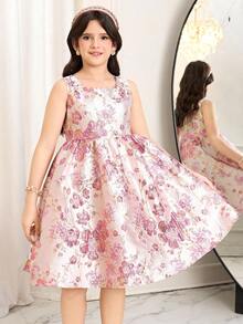 SHEIN Tween Girl Elegant Layered Mesh Trim Sleeveless Jacquard Dress 2 Pieces Set,Pink Silk Long Puffy Flowerance Dress For Teens,Summer Country Concert - Hot Pink - View 5