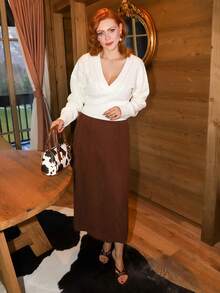 Gretanique 女式深 V 领麻花针织拼布毛衣，宽松上衣和紧身下装，米色，秋冬 - 米色 - 查看 7