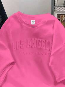SHEIN EZwear 女士宽松休闲极简风英文压纹图案圆领短袖T恤 - 粉色 - 查看 5