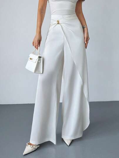 Firerie Women's Elegant Casual Everyday Wear, Urban Commute Office Outfit - White Satin-Faced Midi Wrap Skirt Pants With Metal Buckle Decor, Loose Wide Leg Trousers, Teacher Outfit, Airport Outfit, New Spring/Summer/Autumn/Winter Ladies Pants, Date, Vacation, Leisure, Fashion Versatile White Wide Leg Pants Women White Pants