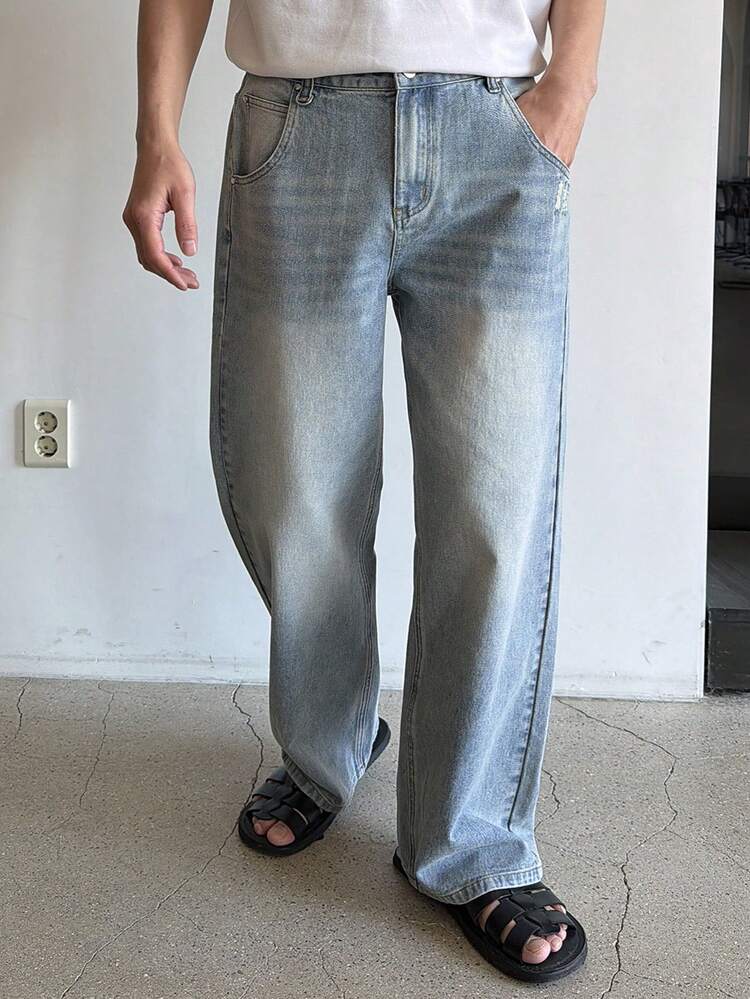 Men's Washed Vintage Blue Denim Jeans, Spring