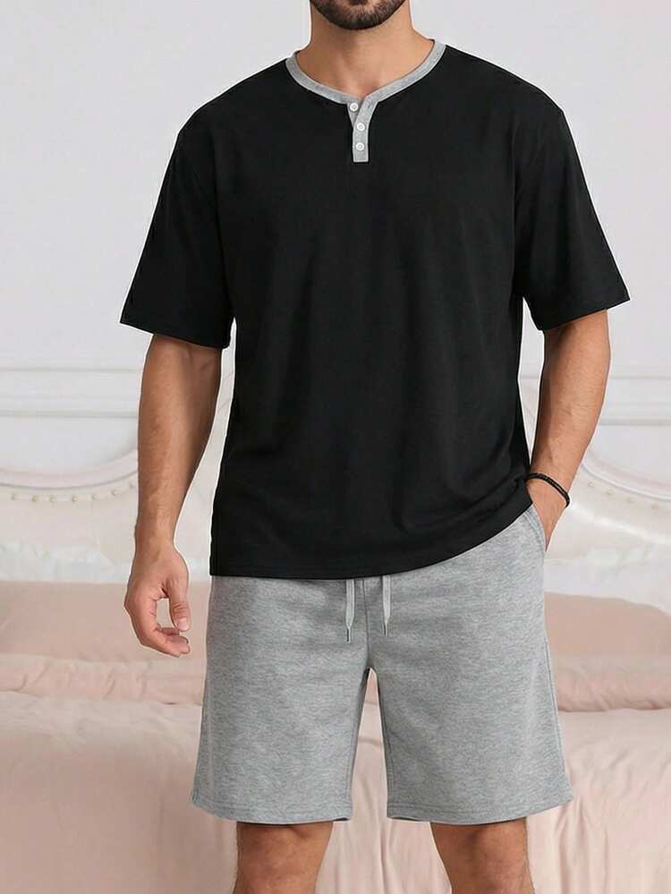Summer Solid Color Short Sleeve T-Shirt Paired With Short Men's Pajama Set