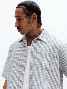 SUMWON 修身格纹短袖衬衫，带胸袋，休闲夏季周末男装，适合办公室穿着 - 藍白色 - 查看 4