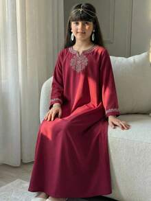 Sparklyn Tween Girl Elegant Traditional Embroidered Dress - Red Violet - View 4