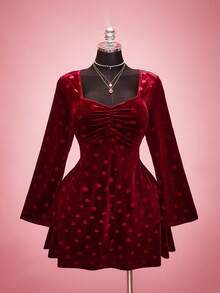 SHEIN ICON 大码女士情人节优雅爱心丝绒连衣裙 - 紅色 - 查看 10
