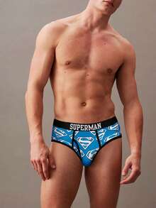 SUPERMAN X SHEIN 男士字母图案撞色滚边舒适三角裤 - 藍色 - 查看 5
