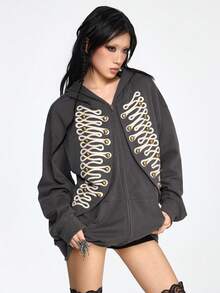 Grunge Punk SpringVintage Napoleon Style Embroidered Metal Button Hooded Sweatshirt Jacket - Dark Grey - View 4