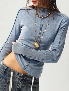 Bohemela Áo thun dài tay nữ màu trơn, chất liệu dệt kim, kiểu dáng thường ngày, đã qua xử lý giặt. - Màu xanh lam - Xem 3