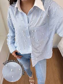 INAWLY Women's Casual Elegant Elegant Office Commute Loose Faux Pearl Long Sleeve Shirt, Spring/Autumn - Blue - View 7