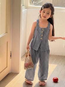 SHEIN Bộ đồ thể thao năng động cho bé gái, phong cách đường phố thường ngày, gồm áo không tay cổ vuông kẻ sọc và quần ống đứng. - Đen và trắng - Xem 6