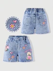 Elladie kids Cute Light Wash Denim Straight Leg Shorts For Young Girls With Cartoon Bear And Flower Patterns Pockets - Light Wash - View 3