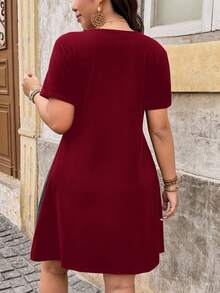 SHEIN LUNE Plus Size Women's Contrast Color Button Design Short Sleeve Casual Dress Block Patch Work Summer Curve Patchwork Dresses - Burgundy - View 2