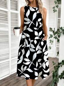 SHEIN LUNE 女士休闲印花中长连衣裙，适合春夏穿着 - 黑與白 - 查看 1