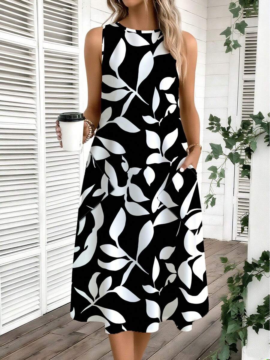 SHEIN LUNE 女士休闲印花中长连衣裙，适合春夏穿着 - 黑與白 - 查看 1