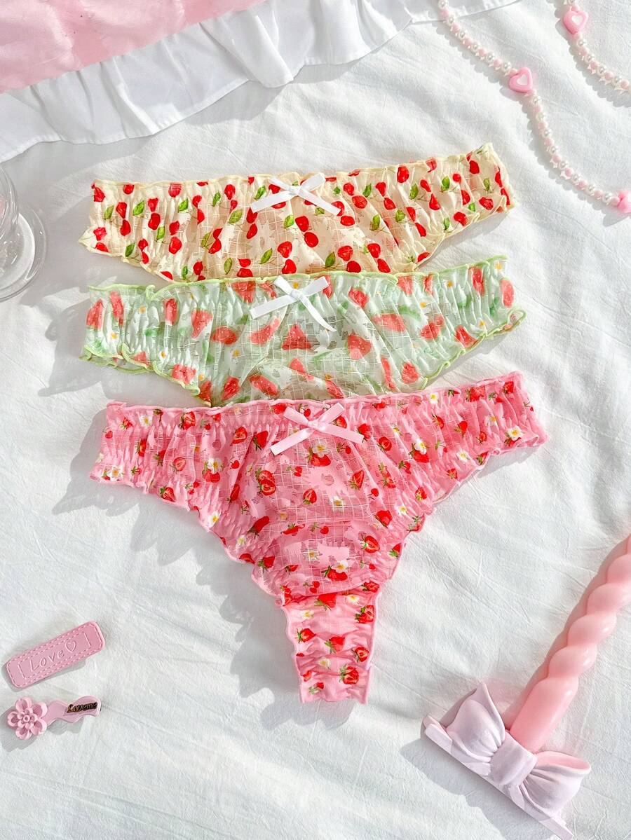 PetitDoll 3pcs Fruit Print Cute Frill Trim Panties Set For Girls - Multicolor - View 1