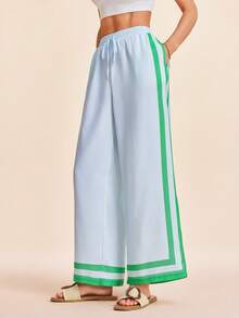 Coeurva 女士休闲优雅日常条纹印花长裤，蓝色女士长裤，春夏款 - 藍色 - 查看 6