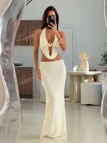 Aloruh Women's Vacation Deep V Starfish Solid Color Textured Halter Backless High Slit Dress, Suitable For Weddings, Vacations, Dates, Beach - Apricot - View 2