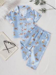 2件套幼儿男童简约纯色字母印花短袖上衣和裤子轻薄休闲睡衣套装，春夏款 - 淺藍色 - 查看 3