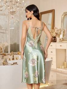 LuxeNights 1pc Women's Sexy Deep V Spaghetti Strap Maxi Dress, Elegant Floral Print Satin Long Dress With Lace Trim, All Season - Green - View 2