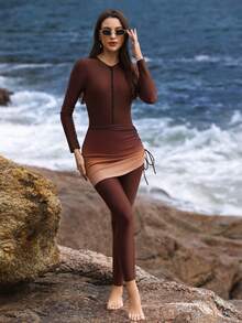 Swim Shayni New Gradient Ruched Zipper One-Piece Swimsuit With Skirt, 3 PiecesConservative Sun Protection Swimwear, European & American Style, Brown Long Sleeve