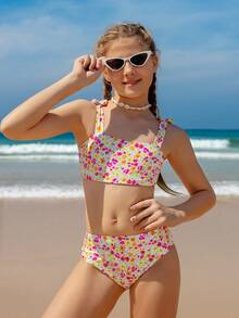 SHEIN 少女碎花针织比基尼套装，时尚可爱蝴蝶结拼接沙滩泳装，适合夏季、度假和游泳 - 彩色 - 查看 3