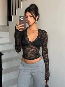 Siren Gaze Spring & Summer Outfit Women Valentine's Day/Day/Romantic/Business Casual Woman/Elegant/Casual/Vintage/Festival/Country Concert Outfit/Brunch Outfits/Homecoming/Easter/Guest Outfit/Tea Party Outfit/Basic/Prom/Wedding/Formal/Western/Cocktail/Vintage/Club/Birthday Outfit/Cute/Spring Break/Bachelorette/Classy/Old Money Style/Work Clothes/Black/Going Out/Vacation/Office Outfits/Airport Outfits/2000s Style/Streetwear/Basic/Vacation/Holiday/Resort/Women's V-Neck Long Sleeve Sexy Lace Bodycon Semi-Sheer Blouse - Black - View 5