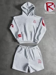 Pavtros品牌男士时尚刺绣连帽衫短裤套装，适合日常穿着、情人节礼物、居家游戏、户外音乐节、休闲外出、朋友聚会、送给孩子、男友/丈夫的礼物、周年纪念礼物。男士两件套，Kpop男士街头服饰套装，连帽衫套装，街头运动服，复古风格。 - 淺灰色 - 查看 8