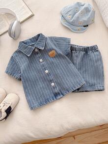 SHEIN 夏季水洗浅蓝色简约百搭时尚男童牛仔套装 - 藍色 - 查看 3