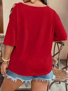 Breezaya Áo thun tay ngắn cỡ lớn, dây đeo bất đối xứng, in hình chân dung - Đỏ - Xem 2