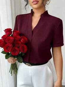 Elenzga Blusa minimalista de mujer de unicolor, de manga corta, cuello alto y hombros regulares - Burdeos - Ver 7