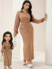 Veilorie 2 Pieces Set: Long Sleeve Blouse With Front Buttons And Wrap-Around Skirt, Spring/Summer 2026 - Khaki - View 1