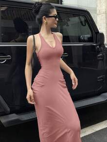 DAZY Women's V-Neck Bodycon Maxi Wrap Dress Summer Sundress - Pink - View 3