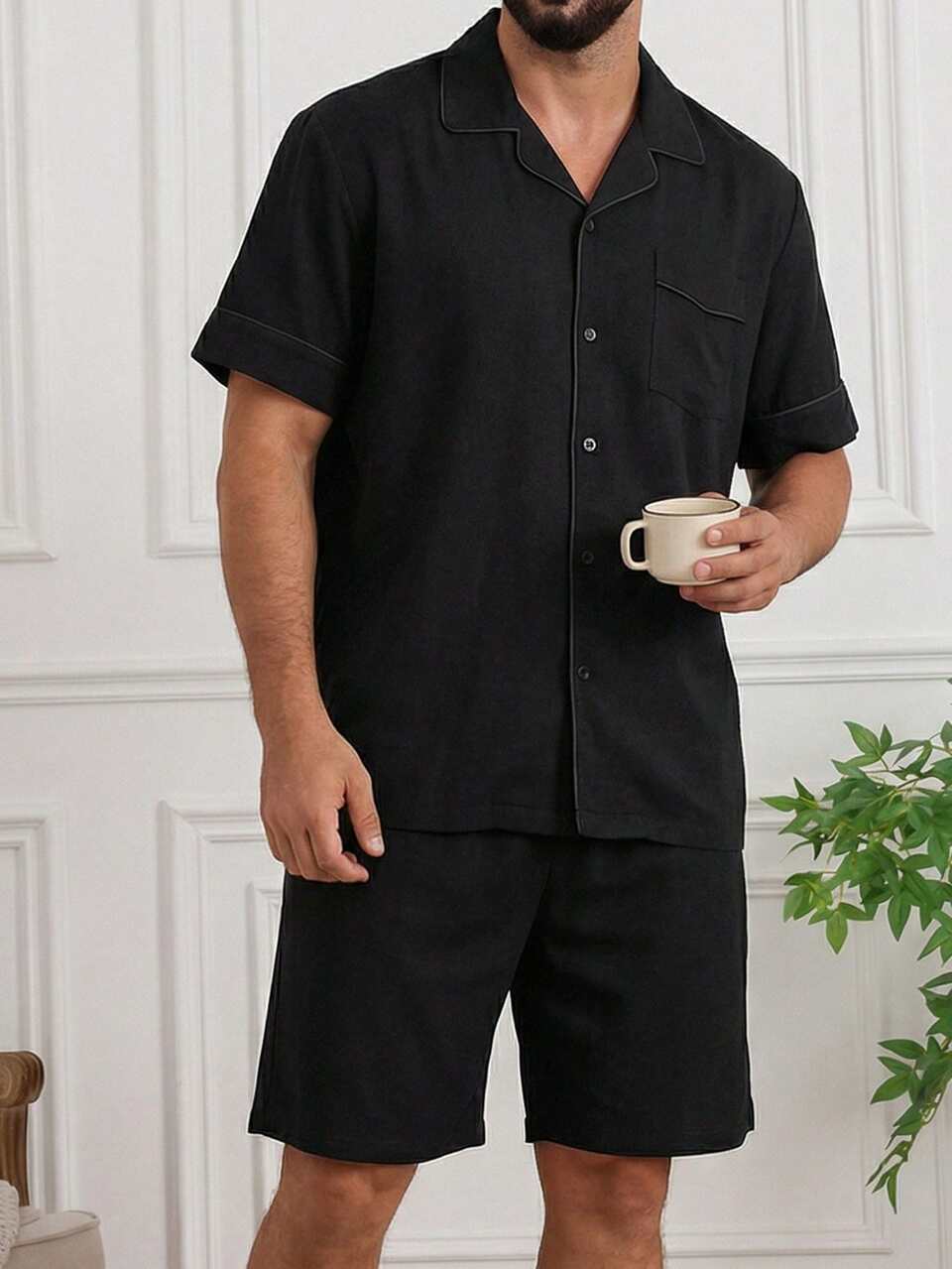 Men's Solid Color Shirt And Loungewear Set, Summer