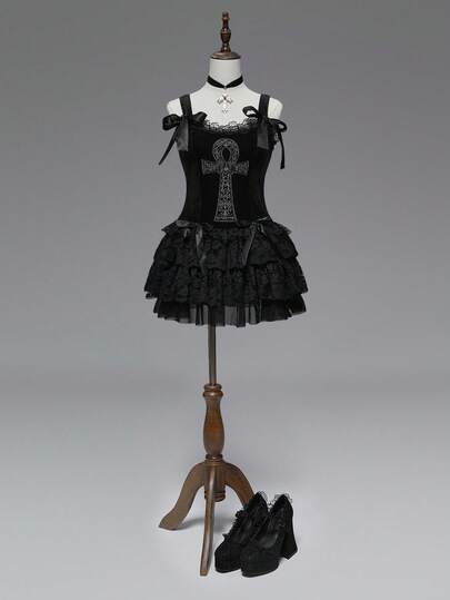 Goth Abito da donna taglie forti in stile gotico vintage, con ricamo di croce ankh e fiocco, ispirato all'antico Egitto