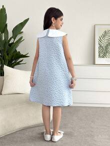 Firerie Kids Tween Girls Cute & Elegant Crew Neck Rhinestone Embellished Bowknot Sleeveless Mini A-Line Dress, Suitable For Daily Gatherings, Parties, Commuting - Blue - View 3