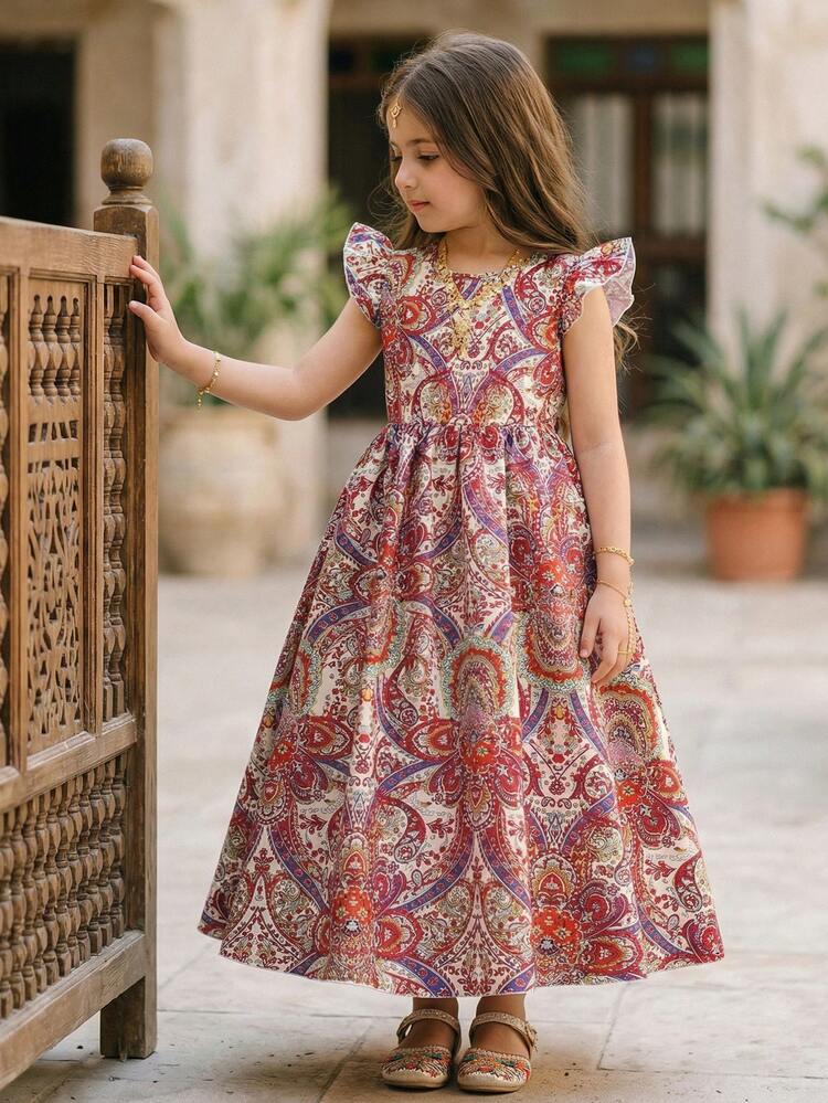 Print Pattern Cap Sleeve Empire Waist Long Dress For Tween Girls | SHEIN USA