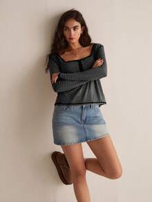 Easelle Vintage nomadischer, Washeder, abgenutzter Quadratkragen Spitzen-Patchwork Schwarz-Weiß gestreiftes Damen Top - Verschiedenfarbig - Übersicht 7