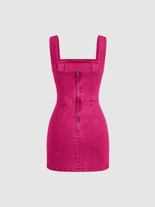 SHEIN MOD 女士夏季时尚水洗牛仔无袖开衩连衣裙 - 粉色 - 查看 2