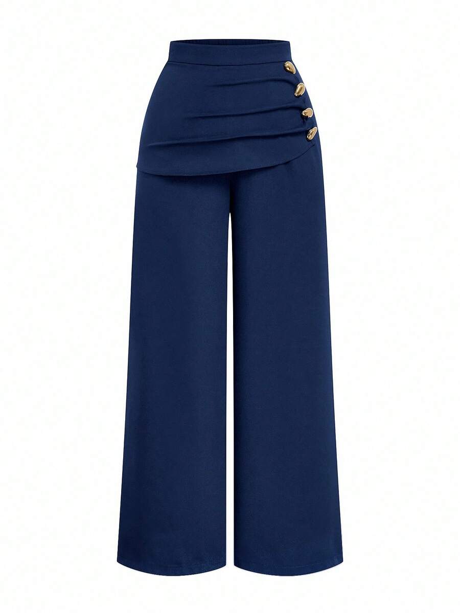 Sweetra 大码女式二合一金属扣装饰西装裤，修身显瘦，优雅百搭，适合工作和休闲场合，直筒裤型，秋冬款 - 寶藍色 - 查看 1