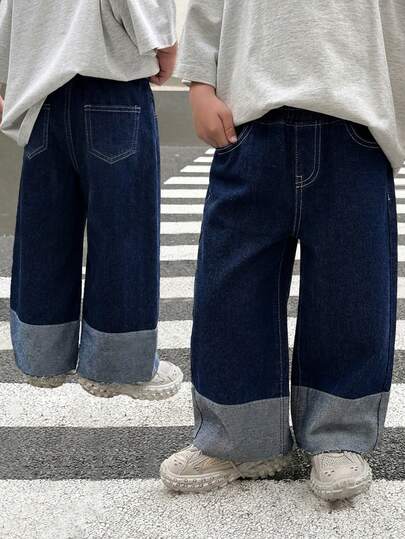 SHEIN Young Boy Spring Summer Distressed Casual Cuffed Dark Blue Denim Baggy Jeans, Navy Blue, For Kids Spring Summer, Young Boy Streetwear, Young Boy Beach, Birthdays For Young Boy, Casual Jeans For Young Boy, Vacations For Young Boy, Graphic Jeans, Toddler Jeans,4-Year-Old Young Boy Jeans, Summer Jeans