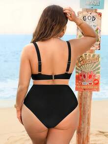 Swim Lushoire Áo bikini đi nghỉ mát cỡ lớn dành cho nữ, có gọng nâng ngực, kiểu dáng tối giản và thanh lịch theo phong cách châu Âu. - màu đen - Xem 2