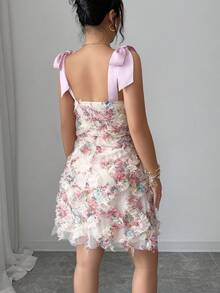 Elenzga Đầm in họa tiết hoa 3D kiểu Pháp cổ điển, thiết kế mới mùa xuân/hè, chất liệu satin, cổ vuông, thắt nơ, dáng chữ A ngắn, trẻ trung, thích hợp cho hẹn hò, thanh lịch, độc đáo và đẹp mắt dành cho nữ. - Nhiều màu - Xem 3