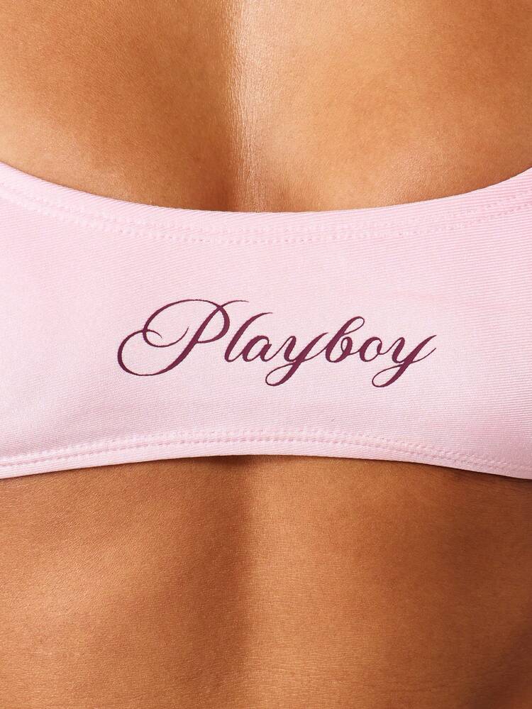 Missguided x Playboy Beach Women's Two Piece Scoop Neck Spaghetti Strap Bikini Set With Contrast Purple Straps And Text Print Details Summer Swimwear
