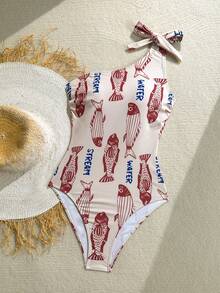 Soleia 女士字母鱼印花连体泳衣，时尚度假之选 - 彩色 - 查看 3